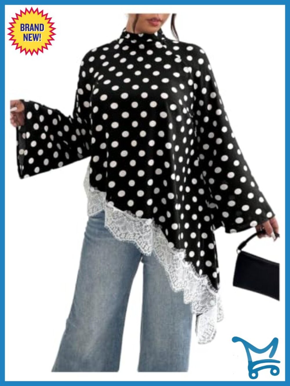 Plus Size Polka Dot Lace Bell Sleeve Asymmetrical Blouse